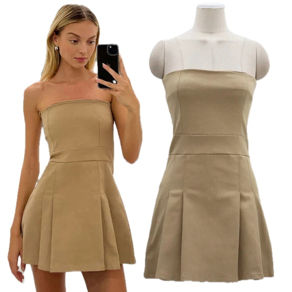 OAK + FORT NWOT Strapless Pleated Tube Preppy Tan Mini Dress